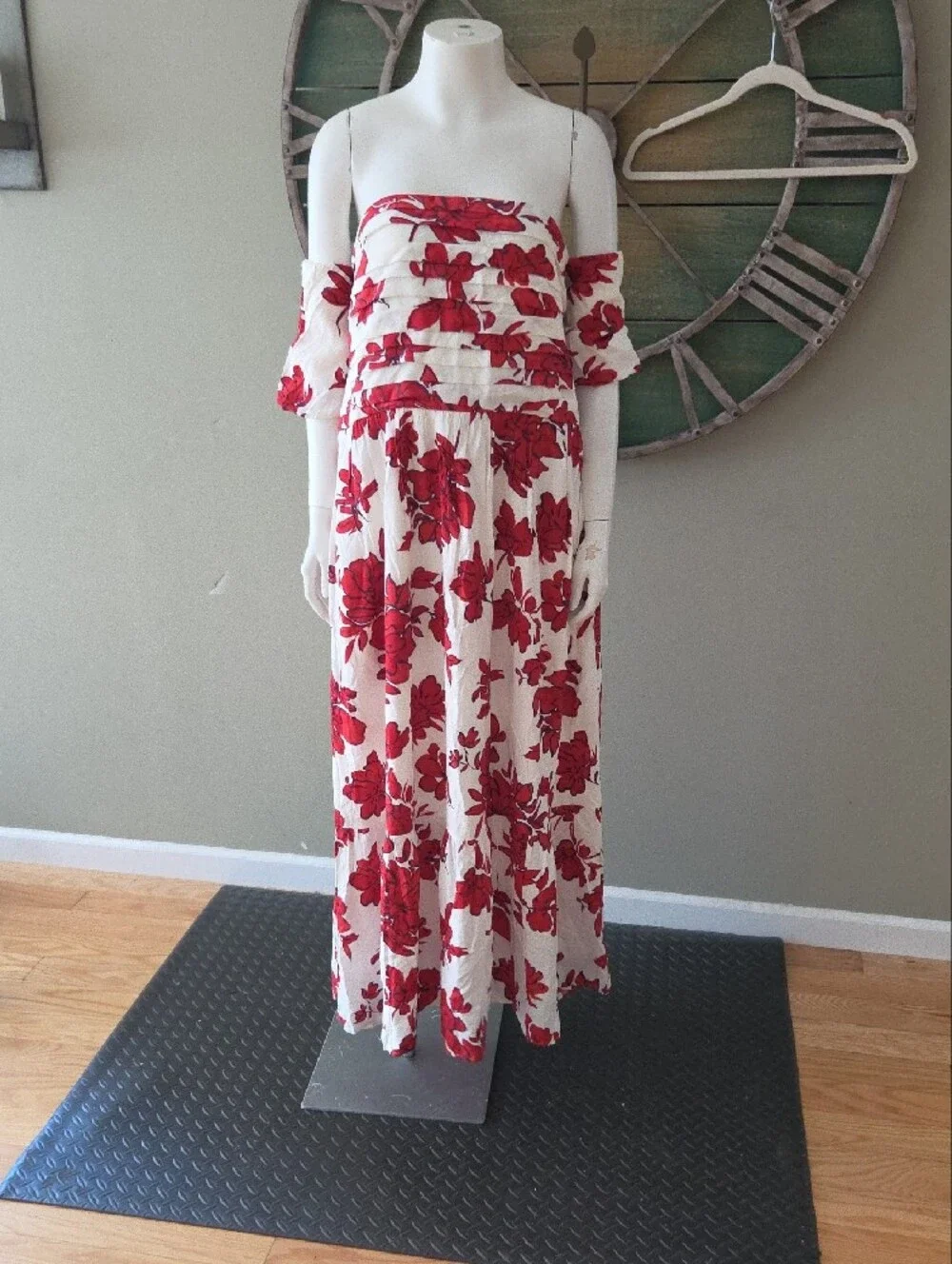 Abercrombie & Fitch Emerson Off Shoulder Maxi  Dress In Red and White Botanical